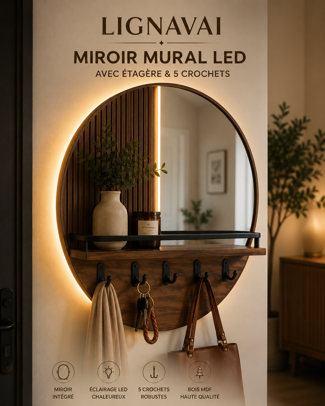 Miroir mural LED avec étagère et 5 crochets – LIGNAVAI
