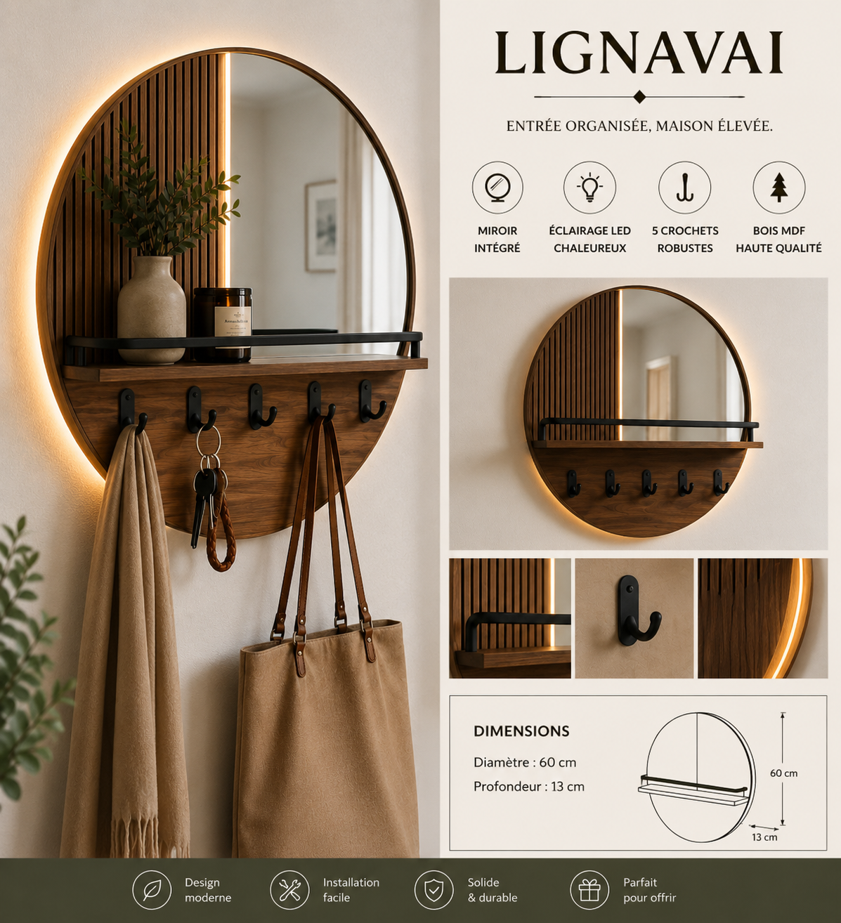 Miroir mural LED avec étagère et 5 crochets – LIGNAVAI