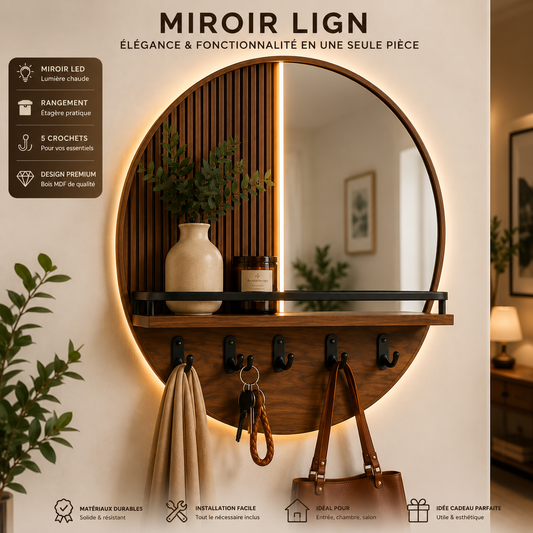 Miroir mural LED avec étagère et 5 crochets – LIGNAVAI